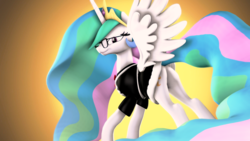 Size: 1920x1080 | Tagged: safe, artist:loveslove, princess celestia, alicorn, pony, g4, 3d, butt, clothes, crown, cutie mark, dress, ethereal mane, ethereal tail, female, flowing mane, flowing tail, glasses, jewelry, lidded eyes, mare, multicolored mane, multicolored tail, plot, praise the sun, purple eyes, regalia, royalty, smiling, solo, spread wings, stupid sexy celestia, sunbutt, tiara