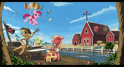 Size: 10080x5543 | Tagged: safe, artist:auroriia, apple bloom, applejack, big macintosh, granny smith, pinkie pie, earth pony, pony, g4, absurd resolution, balloon, banjo, barn, female, filly, floating, floppy ears, male, mare, musical instrument, scenery, stallion, then watch her balloons lift her up to the sky, wagon