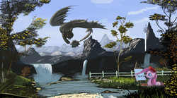 Size: 9360x5187 | Tagged: safe, artist:auroriia, pinkie pie, dragon, earth pony, night fury, pony, g4, absurd resolution, chasing own tail, crossover, dreamworks, female, how to train your dragon, mare, nature, scenery, toothless the dragon