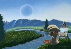 Size: 1152x792 | Tagged: safe, artist:auroriia, derpy hooves, pony, g4, female, nature, river, scenery, solo, sunlight, water