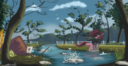 Size: 1728x900 | Tagged: safe, artist:auroriia, gummy, pinkie pie, rainbow dash, earth pony, pony, g4, carrying, cloud, eyes closed, female, mouth hold, nature, river, scenery, sky, tree