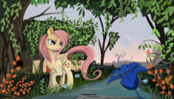 Size: 1182x675 | Tagged: safe, artist:auroriia, fluttershy, pony, g4, female, flower, nature, river, scenery, solo