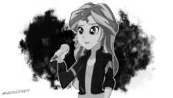 Size: 2560x1440 | Tagged: safe, artist:ngrycritic, sunset shimmer, equestria girls, g4, female, microphone, monochrome, solo, style emulation
