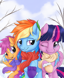 Size: 864x1050 | Tagged: safe, artist:nobody47, rainbow dash, scootaloo, twilight sparkle, alicorn, pegasus, pony, fanfic:i'll always be here for you, g4, bundled up, clothes, cute, cutealoo, dashabetes, female, filly, foal, horn, hug, lesbian, mare, mittens, one eye closed, open mouth, open smile, raised hoof, redux, scarf, scootadoption, scootalove, ship:twidash, shipping, smiling, trio, trio female, twiabetes, twilight sparkle (alicorn), winghug, wings, winter, winter outfit
