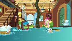 Size: 1280x720 | Tagged: safe, screencap, angel bunny, discord, fluttershy, sheep, discordant harmony, g4, faucet, flood, fluttershy's cottage (interior), jar, spoon, tree, water