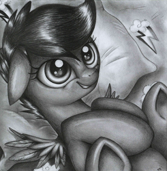 Size: 2269x2319 | Tagged: safe, artist:yellowrobin, scootaloo, pony, g4, bed, female, high res, pillow, solo, traditional art