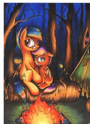 Size: 2550x3510 | Tagged: safe, artist:yellowrobin, scootaloo, oc, oc:yellowrobin, pony, g4, campfire, forest, high res, hug, night, scootalove, tent, winghug