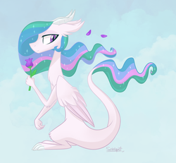 Size: 900x831 | Tagged: dead source, safe, artist:flourret, princess celestia, dragon, feathered dragon, g4, bipedal, chest fluff, dragonified, dragonlestia, ear fluff, female, floppy ears, flower, fluffy, holding, lidded eyes, profile, signature, smiling, solo, species swap, wind