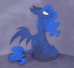 Size: 900x831 | Tagged: dead source, safe, artist:flourret, princess luna, dragon, g4, chest fluff, dragoness, dragonified, ear fluff, ethereal mane, female, horns, lidded eyes, looking up, lunadragon, missing accessory, signature, sitting, smiling, solo, species swap, starry mane
