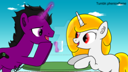 Size: 1024x576 | Tagged: safe, artist:steamyart, oc, oc only, oc:jimmy chap, oc:phenioxflame, pony, unicorn, base used, chat, cloud, day, table