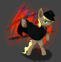 Size: 3302x3393 | Tagged: safe, artist:lofis, oc, oc only, oc:perseus, earth pony, pony, bipedal, cape, clothes, danganronpa, daybreak island, hat, high res, male, menacing, solo, stallion