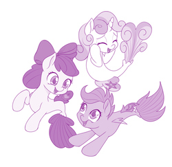 Size: 1000x973 | Tagged: safe, artist:dstears, apple bloom, scootaloo, sweetie belle, seapony (g4), g4, my little pony: the movie, surf and/or turf, adorabloom, bow, cute, cutealoo, cutie mark crusaders, diasweetes, eyes closed, female, hair bow, monochrome, open mouth, sea-mcs, seaponified, seapony apple bloom, seapony scootaloo, seapony sweetie belle, simple background, smiling, species swap, sweet dreams fuel, trio, white background