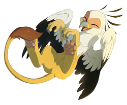 Size: 1200x993 | Tagged: dead source, safe, artist:hioshiru, oc, oc only, oc:vistamage, griffon, cute, eyes closed, griffon oc, happy, laughing, male, on back, paw pads, paws, simple background, solo, underpaw, white background