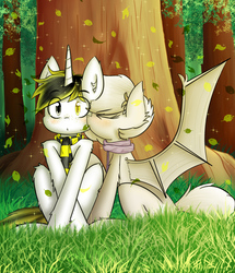 Size: 3024x3520 | Tagged: safe, artist:prism(not colourful), oc, oc only, oc:milk cream, oc:trogler kroglethorn, bat pony, bat pony oc, blushing, clothes, female, forest, freckles, heterochromia, high res, kissing, male, oc x oc, scarf, shipping, smooch, straight, tree