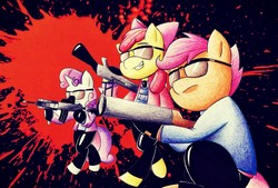 Size: 3275x2213 | Tagged: safe, artist:mustachedbain, apple bloom, scootaloo, sweetie belle, earth pony, pony, g4, badass, bipedal, black background, clothes, cutie mark crusaders, gun, high res, simple background, sunglasses, weapon