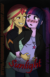 Size: 720x1100 | Tagged: safe, artist:mimirupi123, sci-twi, sunset shimmer, twilight sparkle, vampire, fanfic:sunlight, equestria girls, g4, clothes, female, jacket, leather jacket, lesbian, open mouth, parody, ship:sci-twishimmer, ship:sunsetsparkle, shipping, twilight (series), watermark