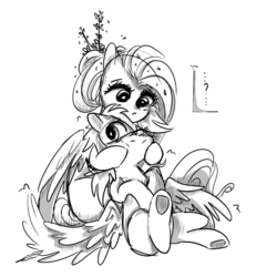 Size: 731x731 | Tagged: artist needed, source needed, safe, fluttershy, rainbow dash, pegasus, pony, g4, cheek squish, female, flower, flower in hair, lesbian, monochrome, ship:flutterdash, shipping, sitting, spread wings, squishy cheeks, wings