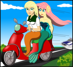 Size: 2568x2341 | Tagged: safe, artist:physicrodrigo, part of a set, applejack, fluttershy, mermaid, series:equestria mermaids, equestria girls, g4, bottomless, breasts, busty applejack, busty fluttershy, car, chase, cleavage, clothes, dress, driving, duo, earfins, gills, hatless, high res, loose hair, mermaidized, missing accessory, moped, part of a series, police car, species swap, speed lines, story included, ty-fighter, worried