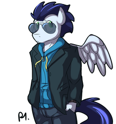 Size: 1870x2000 | Tagged: safe, artist:bluecoffeedog, soarin', pegasus, anthro, g4, clothes, male, pants, solo, stallion, sunglasses, sweater