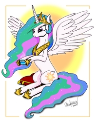 Size: 2406x3059 | Tagged: safe, artist:berlioz-ii, princess celestia, alicorn, pony, g4, abstract background, cup, cushion, ecstasy of tea, female, high res, simple background, sitting, solo, teacup