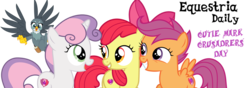 Size: 1000x350 | Tagged: safe, apple bloom, gabby, scootaloo, sweetie belle, earth pony, griffon, pegasus, pony, unicorn, equestria daily, g4, cmc day, cutie mark, cutie mark crusader day, cutie mark crusaders, female, filly, foal, looking at each other, looking at you, misspelling, open mouth, simple background, smiling, smiling at each other, the cmc's cutie marks, transparent background