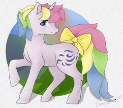 Size: 1024x896 | Tagged: safe, artist:dreamcreationsink, windy (g1), pony, unicorn, g1, bow, female, mare, raised hoof, solo, tail bow
