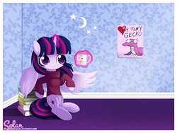 Size: 2000x1500 | Tagged: dead source, safe, artist:songbirdserenade, twilight sparkle, alicorn, gecko, pony, g4, book, clothes, cup, cute, female, glowing horn, horn, levitation, magic, mare, mug, my tiny gecko, smiling, solo, sweater, telekinesis, twiabetes, twilight sparkle (alicorn)