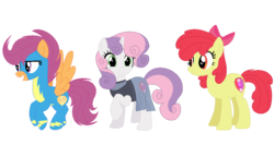Size: 1029x547 | Tagged: safe, artist:theapplebeauty, apple bloom, scootaloo, sweetie belle, earth pony, pegasus, pony, unicorn, adult, base used, bow, clothes, cutie mark crusaders, female, hair bow, mare, older, simple background, transparent background, trio, uniform, wonderbolts uniform