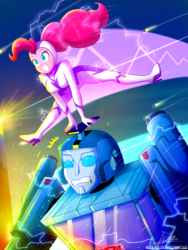 Size: 1020x1360 | Tagged: safe, artist:the-butch-x, fili-second, pinkie pie, human, robot, equestria girls, g4, autobot, blurr, boots, clash of hasbro's titans, clothes, crossover, duo, eyebrows, fast, female, frown, grin, high heel boots, power ponies, shoes, signature, smiling, transformers