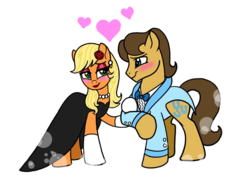 Size: 1024x768 | Tagged: safe, artist:melspyrose, applejack, caramel, earth pony, pony, g4, alternate hairstyle, bedroom eyes, blushing, date, ear piercing, earring, female, flower, heart, jewelry, lipstick, looking at each other, makeup, male, piercing, rose, ship:carajack, shipping, simple background, straight, transparent background