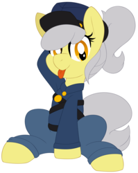 Size: 1311x1647 | Tagged: safe, artist:pearlyiridescence, derpibooru exclusive, oc, oc only, oc:osha, earth pony, pony, 2018 community collab, derpibooru community collaboration, :p, american civil war, belt, clothes, cute, female, hat, hooves behind head, looking at you, mare, military, pants, ponytail, shirt, silly, simple background, sitting, smiling, solo, tongue out, transparent background, uniform, union