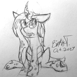 Size: 1832x1833 | Tagged: safe, artist:binkyt11, derpibooru exclusive, queen chrysalis, changeling, changeling queen, g4, fangs, female, monochrome, sitting, sketch, solo, tongue out, traditional art
