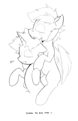 Size: 1047x1611 | Tagged: oc name needed, safe, artist:woonasart, pegasus, pony, unicorn, bandaid, bandaid on nose, black and white, cuddling, cute, grayscale, monochrome, sketch, sleeping, spooning, zzz