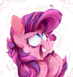 Size: 846x894 | Tagged: safe, artist:jumblehorse, artist:v747, oc, oc only, earth pony, pony, chest fluff, collaboration, female, freckles, looking up, multicolored hair, multicolored mane, pink coat, solo, wide eyes