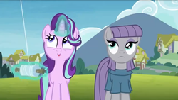 Size: 1136x640 | Tagged: safe, screencap, maud pie, starlight glimmer, earth pony, pony, unicorn, g4, rock solid friendship, cute, female, glimmerbetes, kite, kite flying, looking up, mare, open mouth