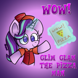 Size: 768x768 | Tagged: safe, artist:snakeythingy, starlight glimmer, g4, bipedal, cap, clothes, female, food, glowing horn, gradient background, hat, horn, magic, meat, meme, pepperoni, pepperoni pizza, pizza, pizza box, pizza delivery, pun, smiling, solo, telekinesis, wow, wow! glimmer