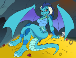 Size: 1280x989 | Tagged: safe, artist:ambris, artist:flawlessvictory20, color edit, edit, princess ember, dragon, anthro, g4, ass, bedroom eyes, breasts, busty princess ember, butt, cave, clothes, colored, dragon hoard, dragon lord ember, female, grin, hoard, jewels, looking at you, smiling, solo, spread wings, treasure, wings