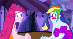 Size: 1200x638 | Tagged: safe, artist:ktd1993, pinkie pie, rainbow dash, equestria girls, g4, blushing, clothes, female, lesbian, looking at each other, ship:pinkiedash, shipping, smiling