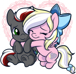 Size: 1815x1748 | Tagged: safe, artist:xwhitedreamsx, oc, oc only, oc:bay breeze, oc:mahx, pony, bow, colt, commission, cute, eyes closed, female, filly, foal, hair bow, hug, male, ocbetes, one eye closed, simple background, transparent background, ych result