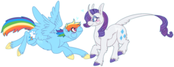 Size: 1873x727 | Tagged: safe, artist:jaspering, rainbow dash, rarity, classical unicorn, pegasus, pony, unicorn, g4, female, heart, horn, leonine tail, lesbian, looking at each other, mare, ship:raridash, shipping, simple background, smiling, starry eyes, transparent background, unshorn fetlocks, wingding eyes