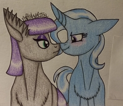 Size: 1419x1226 | Tagged: safe, artist:raritylover152, maud pie, trixie, earth pony, pony, unicorn, g4, blushing, boop, chest fluff, duo, ear fluff, female, floppy ears, lesbian, looking at each other, mare, noseboop, ship:mauxie, shipping, signature, sternocleidomastoid, traditional art