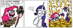Size: 1455x573 | Tagged: safe, artist:gingerfoxy, pinkie pie, rarity, earth pony, pony, unicorn, pony comic generator, g4, ..., 8 ball, banana, bipedal, clothes, comic, dialogue, do not want, do you like bananas?, female, floppy ears, food, frown, hoof hold, looking up, magic, mare, nervous, open mouth, simple background, skull, smiling, speech bubble, white background, witch doctor, worried