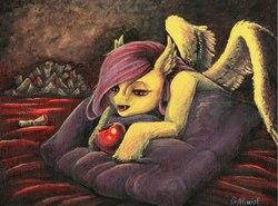 Size: 2560x1896 | Tagged: safe, artist:draltruist, fluttershy, bat pony, pony, g4, acrylic painting, apple, fangs, female, flutterbat, food, hoof hold, looking at something, open mouth, pillow, prone, race swap, solo, spread wings, traditional art, unshorn fetlocks, wings