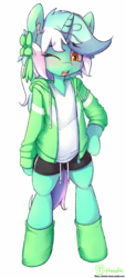 Size: 1353x3005 | Tagged: safe, artist:hoodie, lyra heartstrings, pony, unicorn, semi-anthro, g4, bipedal, blushing, clothes, ear fluff, explicit source, female, hoodie, one eye closed, open mouth, ribbon, shirt, shorts, simple background, smiling, socks, solo, white background, wink