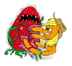 Size: 1153x1057 | Tagged: safe, artist:blastjango, applejack, earth pony, pony, g4, animate plant, fight, food, food monster, monster, oraoraoraoraoraoraoraoraora, simple background, strawberry, that pony sure does hate strawberries, white background