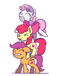 Size: 1350x1800 | Tagged: safe, artist:flutterluv, apple bloom, scootaloo, sweetie belle, earth pony, pegasus, pony, unicorn, g4, :p, cutie mark crusaders, eyes closed, female, filly, silly, simple background, smiling, stack, this will end in pain, tongue out, tower of pony, transparent background, trio, wavy mouth, we bare bears