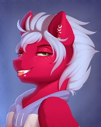 Size: 2587x3250 | Tagged: safe, artist:evehly, oc, oc only, oc:melon frost, biting, bust, clothes, ear piercing, earring, freckles, high res, hoodie, jewelry, lip piercing, piercing, smiling, snake bites, solo, tongue bite, tongue out