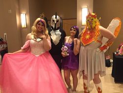 Size: 1000x750 | Tagged: safe, artist:ironbadger, artist:maddymoiselle, daybreaker, nightmare moon, princess cadance, twilight sparkle, alicorn, human, g4, clothes, commission, cosplay, costume, equestria la, equestria la 2017, irl, irl human, photo, twilight sparkle (alicorn)