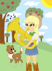 Size: 1511x2054 | Tagged: safe, applejack, winona, fanfic:the tuba cowgirl, equestria girls, g4, apple orchard, ballad (song), colored sketch, fanfic, fanfic art, illustration, musical instrument, the tuba cowgirl, tuba, tubajack