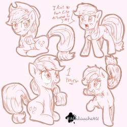 Size: 3000x3000 | Tagged: safe, artist:katakiuchi4u, applejack, earth pony, pony, g4, cowboy hat, cute, female, hat, high res, i'm not cute, jackabetes, mare, monochrome, simple background, sketch, smiling, solo